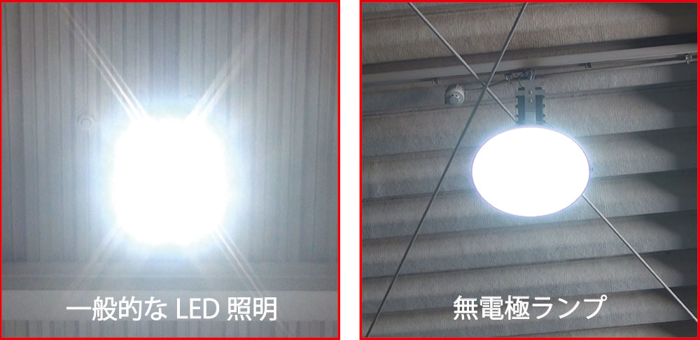 「一般的なLED照明」と「無電極ランプ」のグレア比較写真